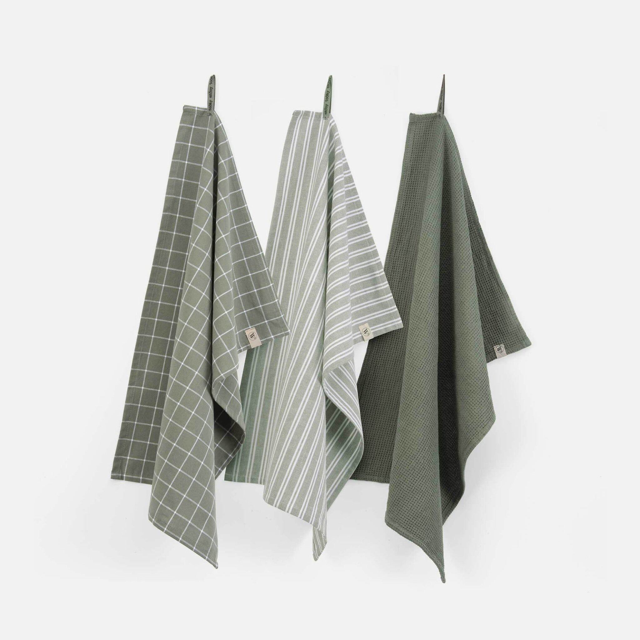 Keukenset Dry w. Cubes Uni, Stripes & Blocks Legergroen 3x 50x70