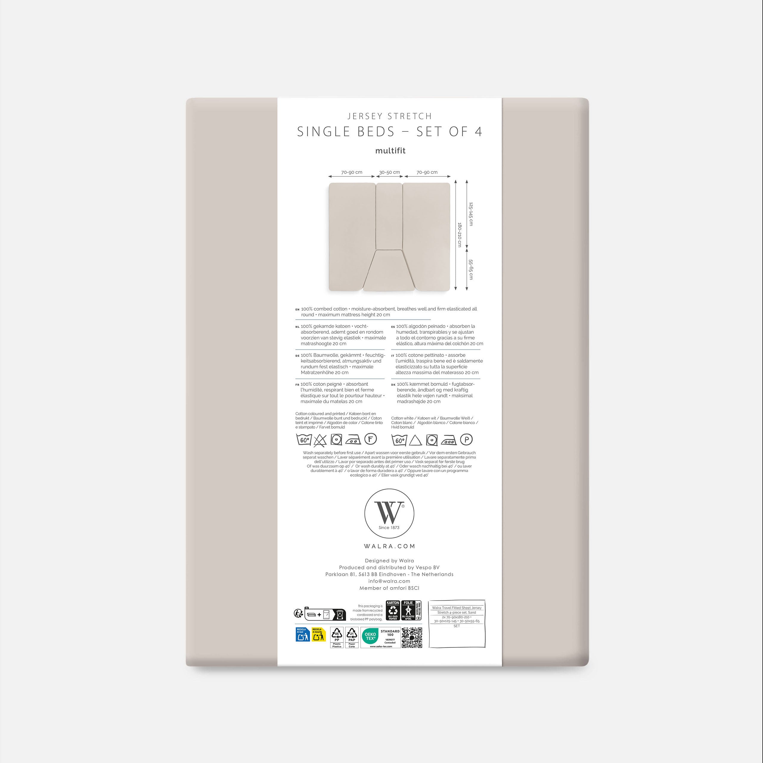Walra Travel Hoeslaken Jersey Stretch 4-delige set Zand
