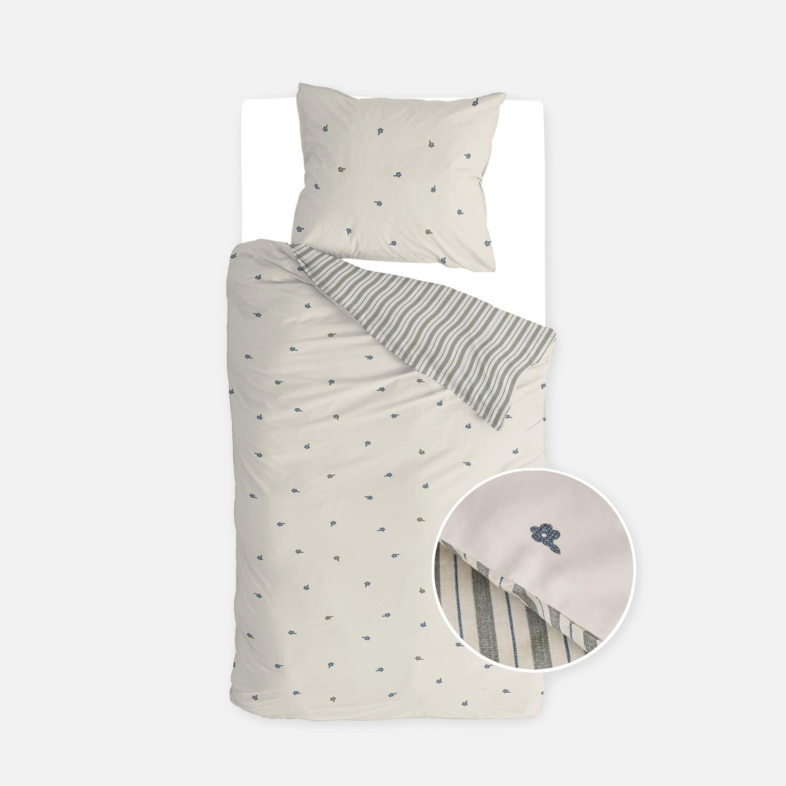 Dekbedovertrek Remade Blossom Lines Off White / Groen