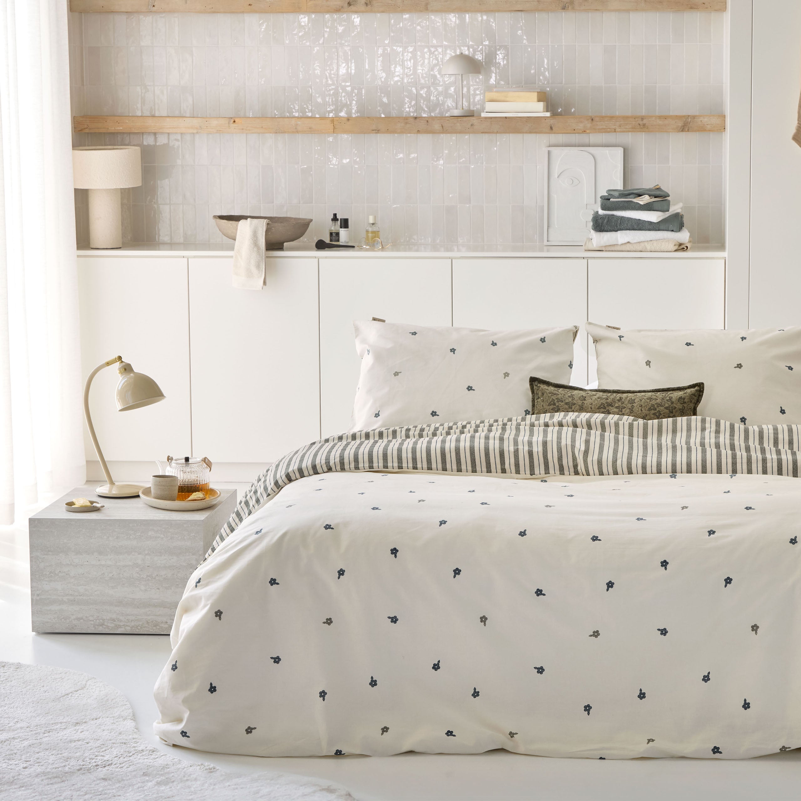 Dekbedovertrek Remade Blossom Lines Off White / Groen