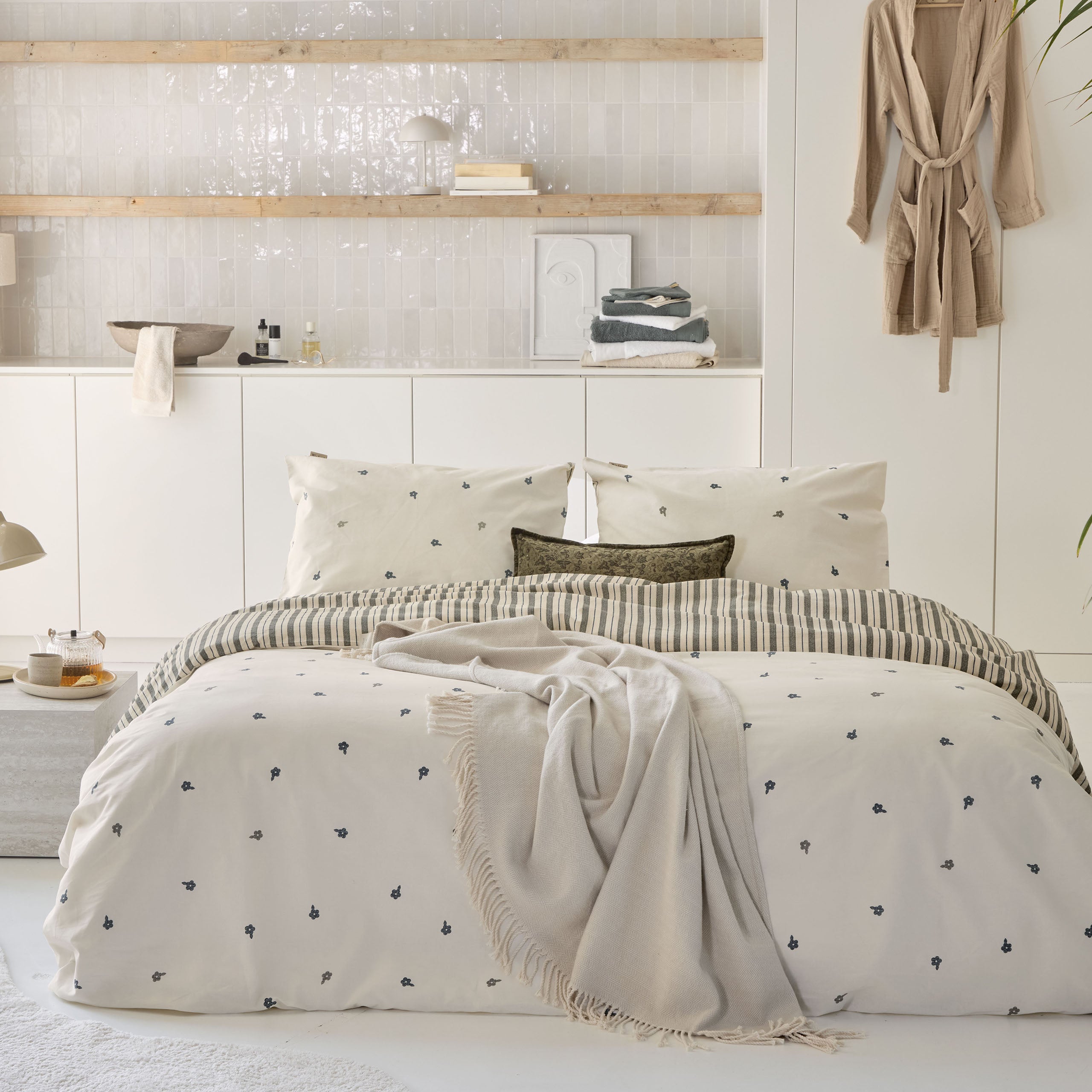 Dekbedovertrek Remade Blossom Lines Off White / Groen