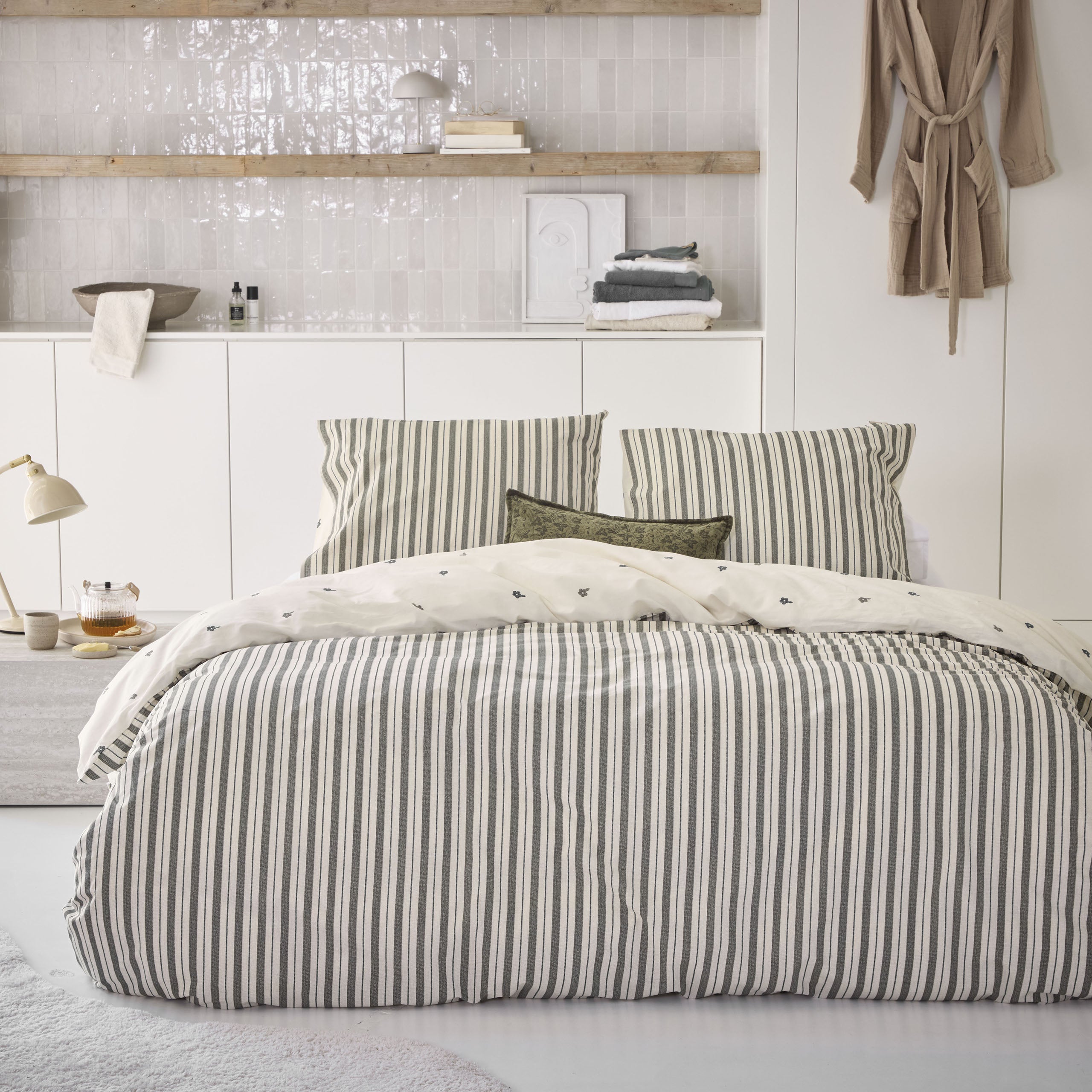Dekbedovertrek Remade Blossom Lines Off White / Groen