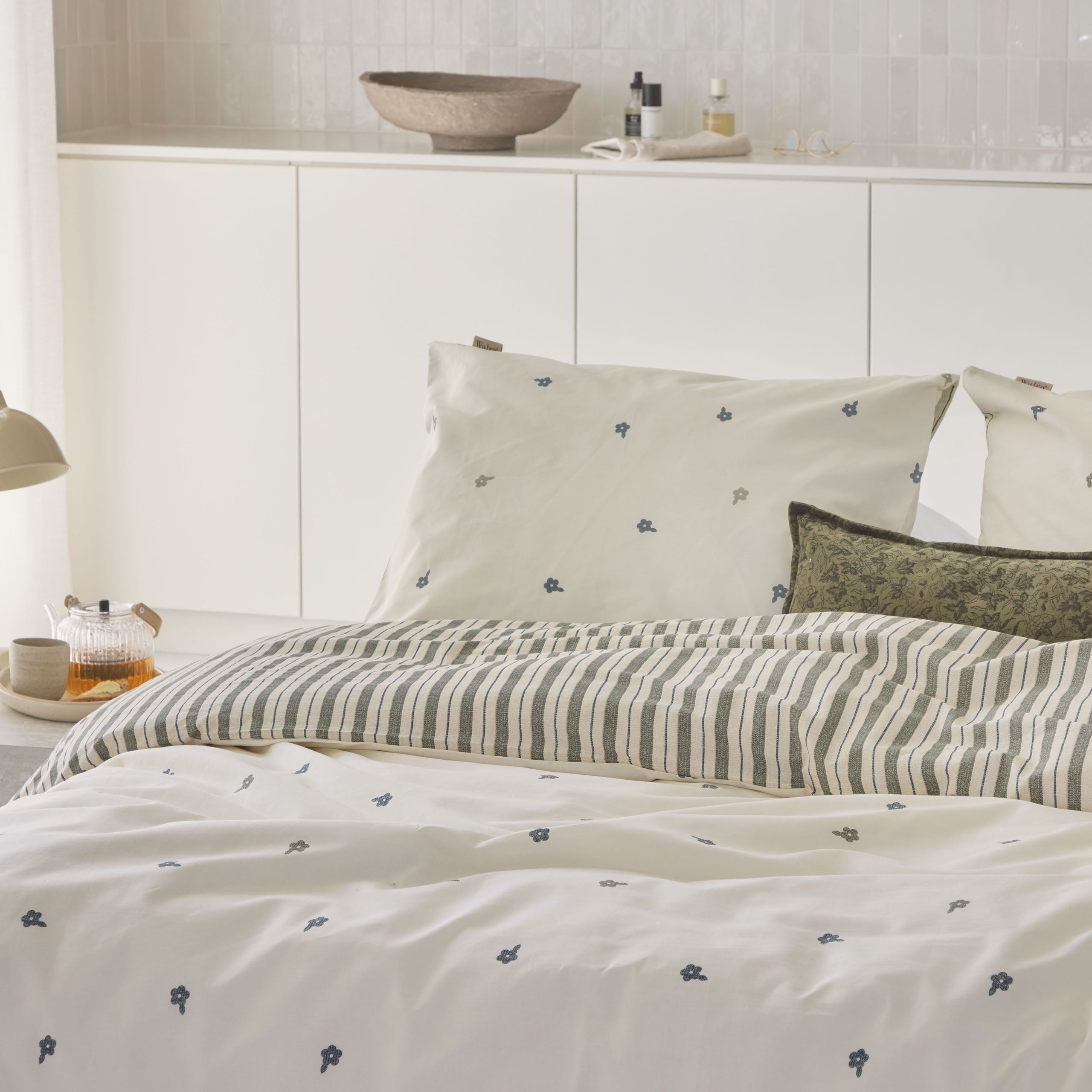 Dekbedovertrek Remade Blossom Lines Off White / Groen