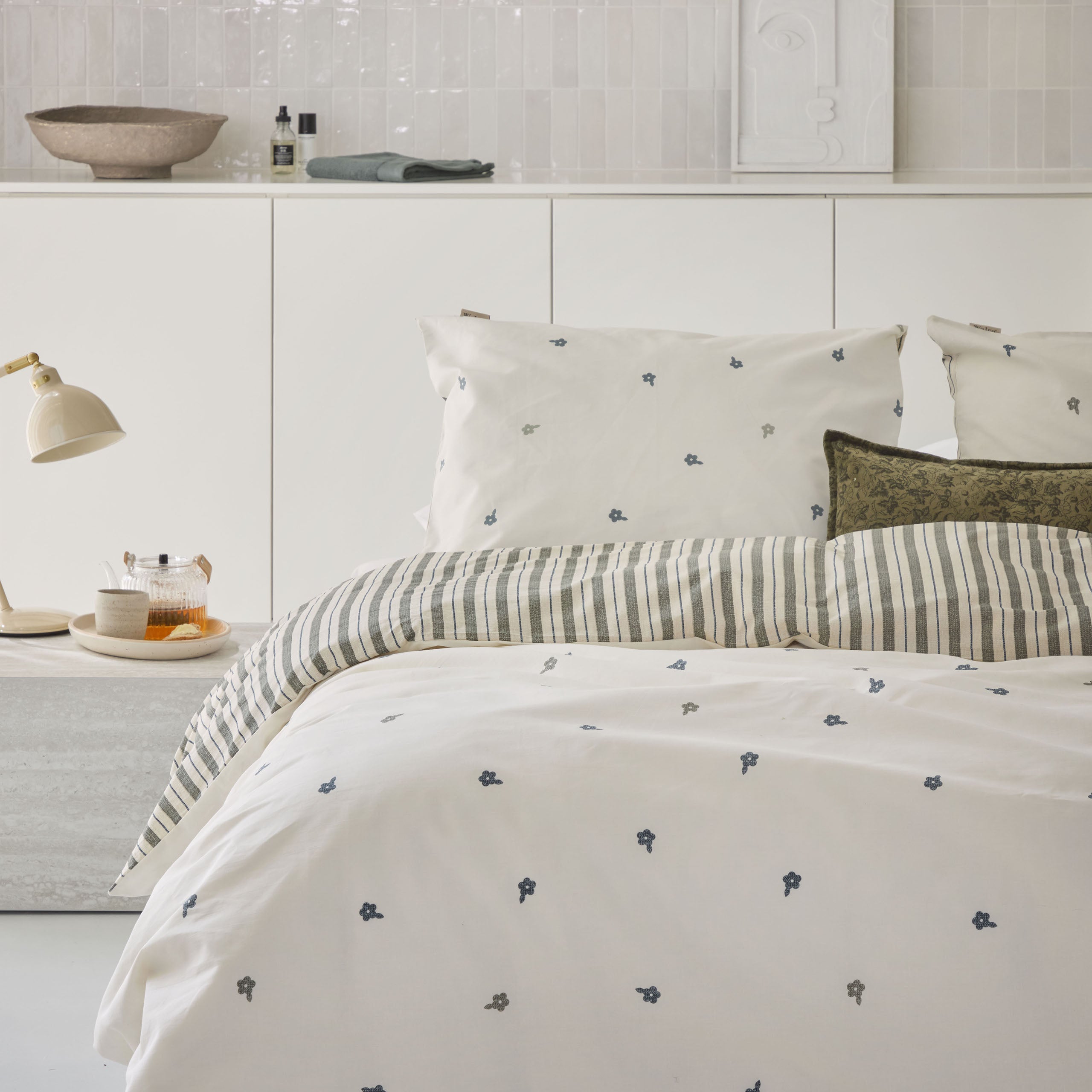 Dekbedovertrek Remade Blossom Lines Off White / Groen